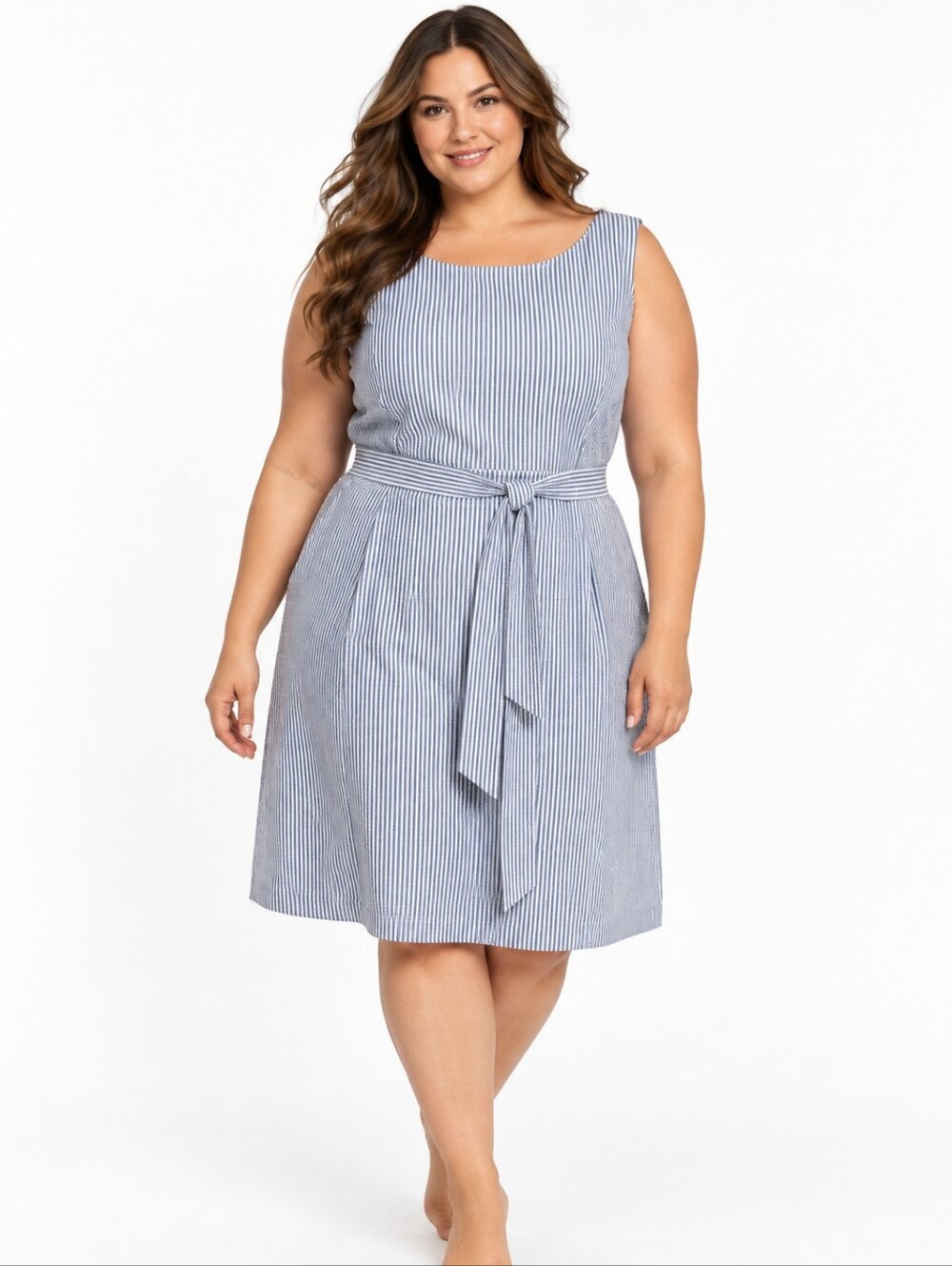 Anne Klein Seersucker Striped Belted Midi Dress Blue White Plus Size 2X